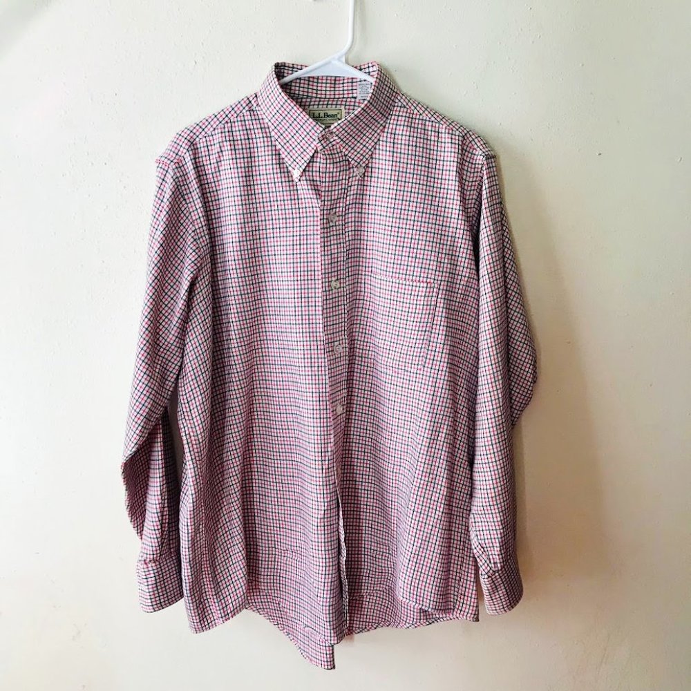 LL Bean Button Down Up Long Sleeve Shirt Men's Large 16 16.5 Black/Red Plaid
